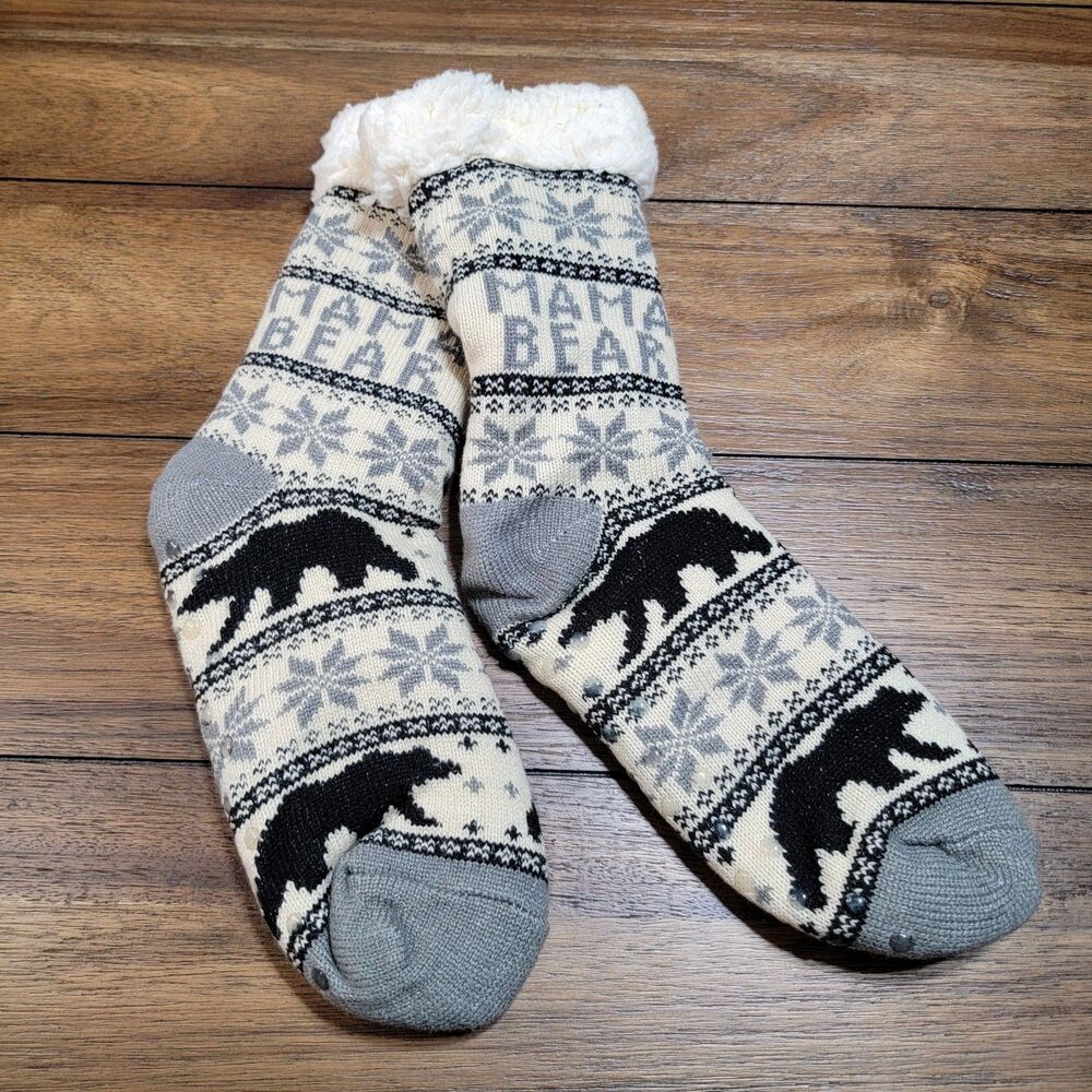 Mama Bear Thick Thermal Sherpa Socks w/ Foot Grips Black, White & Grey - NWOT